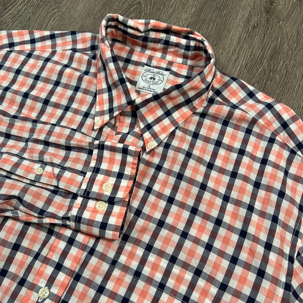 Brooks Brothers Sport Shirt Large Pink Blue Gingham Check Button Down Cotton